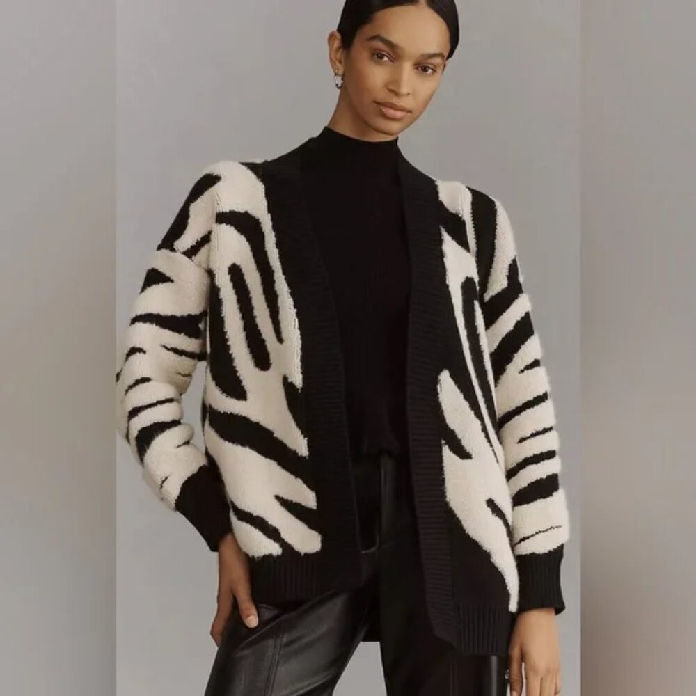 By Anthropologie Textured Knit Cardigan Sweater O/S NWT Black White Zebra